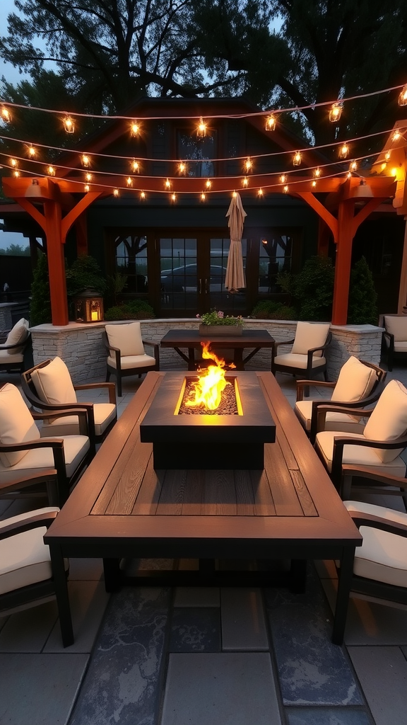 Outdoor dining patio featuring a modern fire pit surrounded by chairs and string lights.