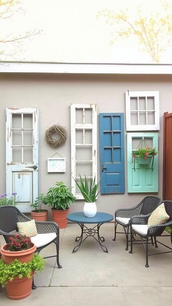 Outdoor area with old doors used as wall art, surrounded by plants and seating.