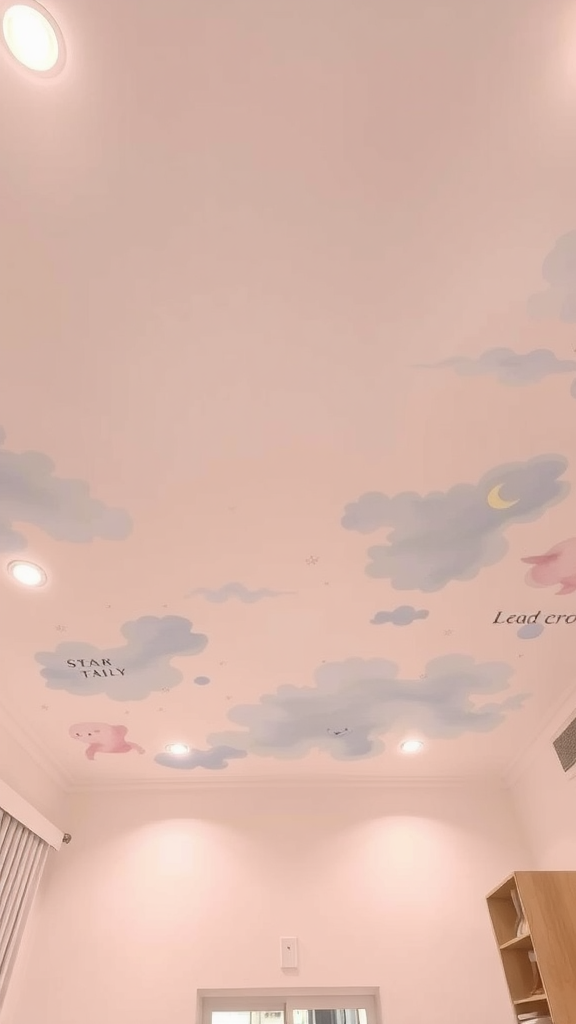 Ceiling with painted clouds and playful characters in soft colors