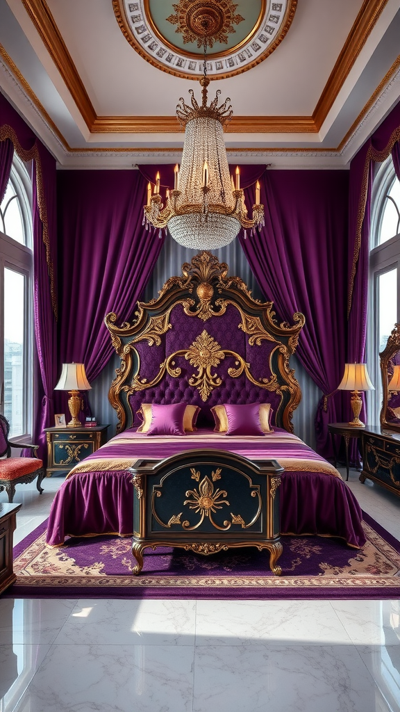 Luxurious master bedroom with purple decor, ornate bed, and chandelier