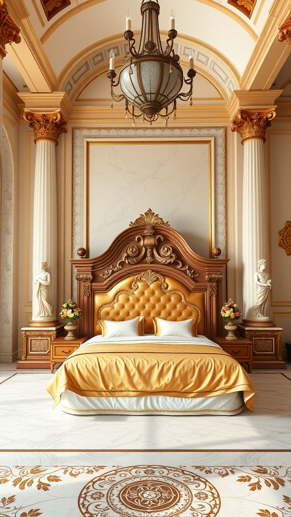 Luxurious master bedroom with ornate wooden headboard, elegant bedding, and intricate decor.