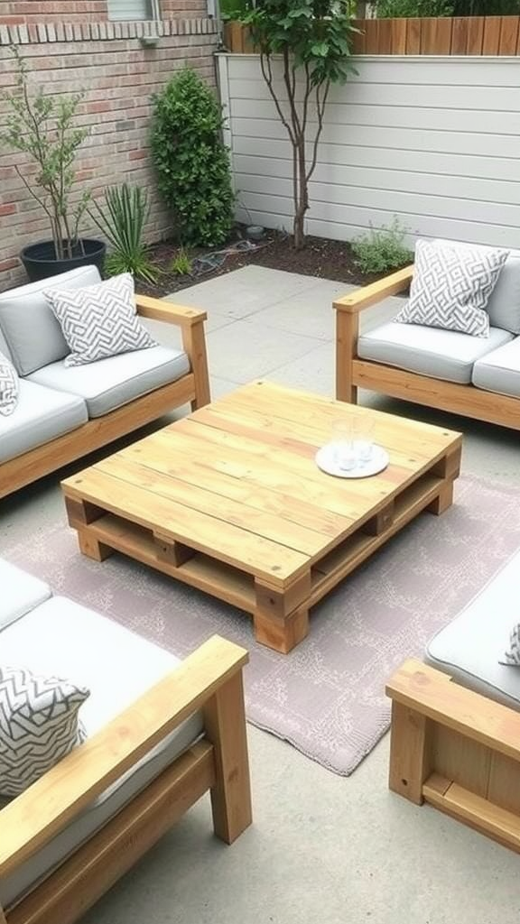 A cozy back patio featuring a pallet wood coffee table surrounded by comfortable seating and plants.