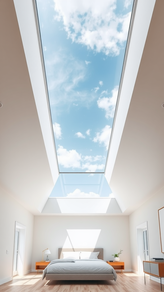 A bright bedroom featuring a panoramic skylight with a clear blue sky and clouds visible.