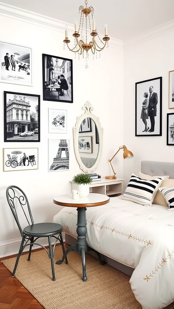 A cozy bedroom styled with Parisian café decor, featuring a round table, vintage chair, and black-and-white wall art.