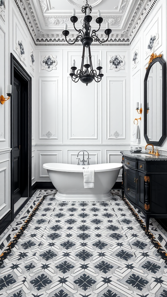 Elegant black and white bathroom with chandelier, freestanding bathtub, and patterned floor tiles.