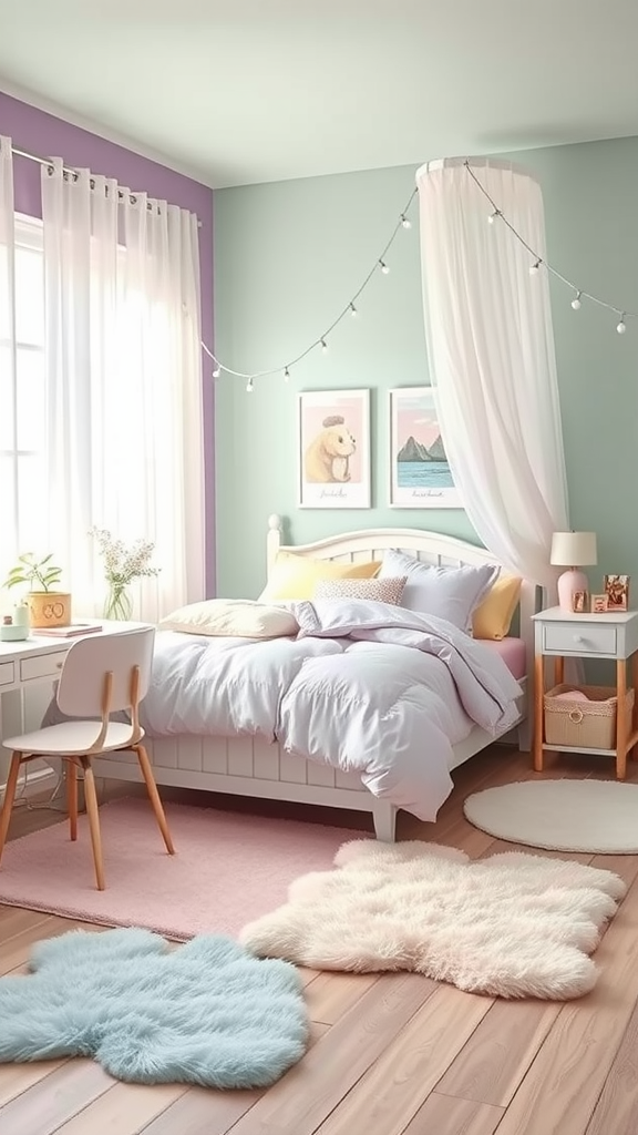 A pastel-themed bedroom with green and purple walls, a cozy bed, cute artwork, and a bright workspace.