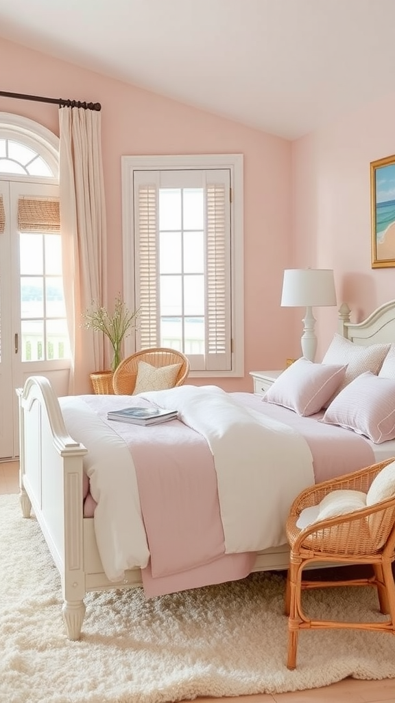 A serene pastel pink coastal bedroom featuring a cozy bed, rattan chair, and large windows with natural light.