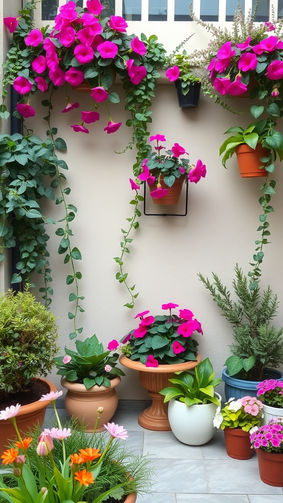 Colorful patio garden with pink hanging plants and various potted flowers