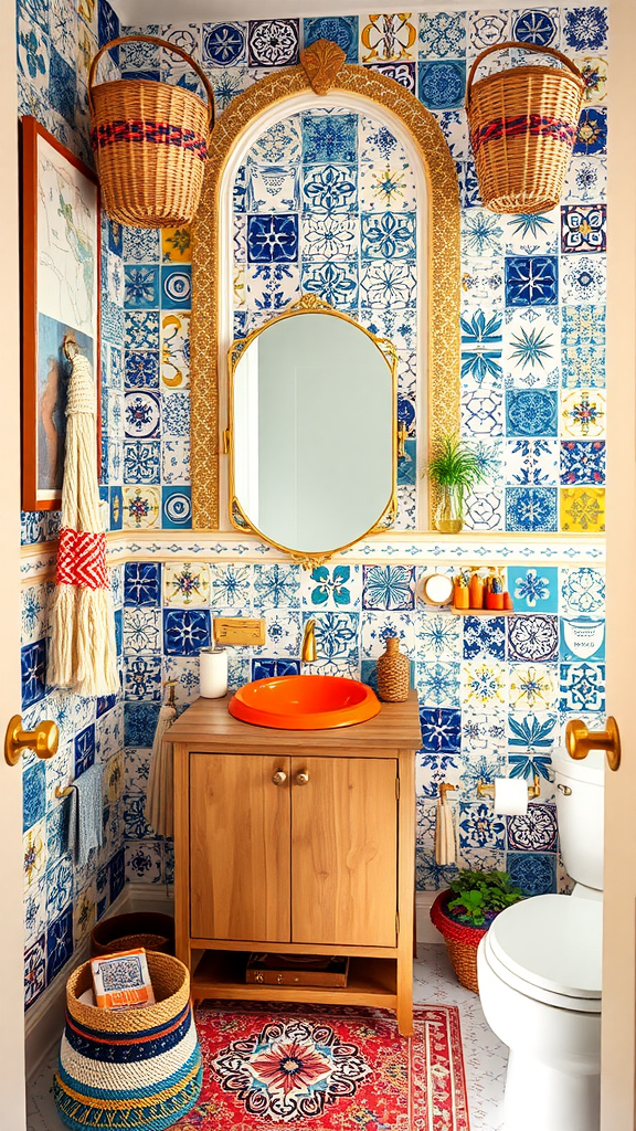 A boho-style bathroom with patterned tiles, wooden vanity, round orange sink, and decorative elements.