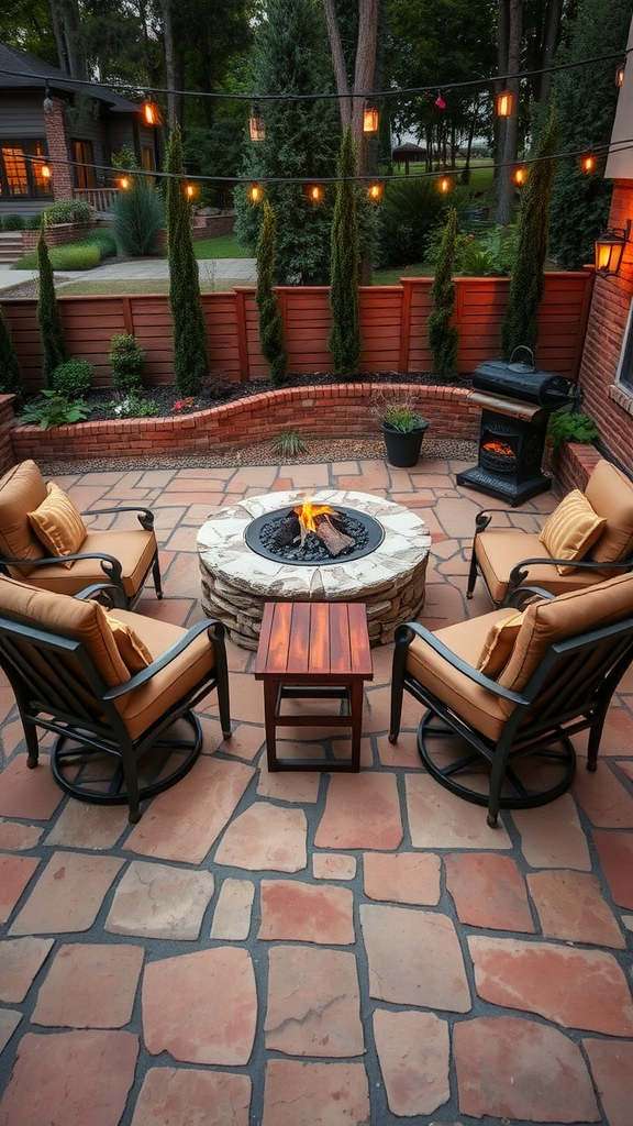 Cozy paver patio featuring a firepit, lounge chairs, and string lights