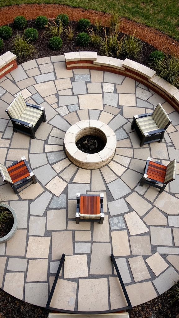 A bird's-eye view of a circular paver patio with a fire pit and stone benches, surrounded by greenery.