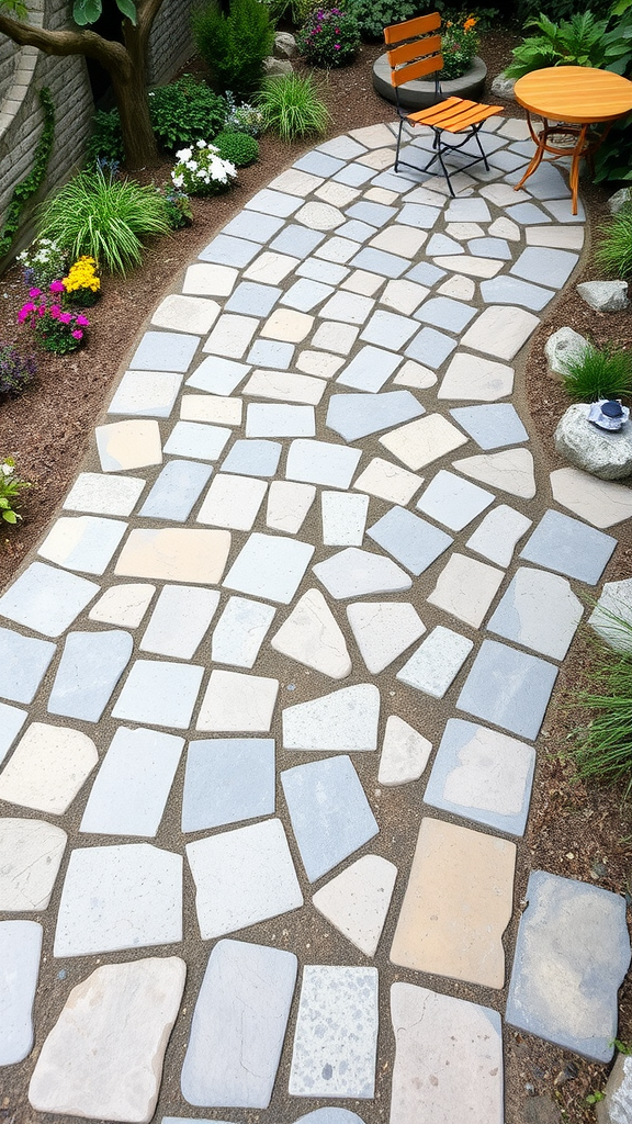 A garden pathway with colorful pavers and flowers, featuring a small table and chair.