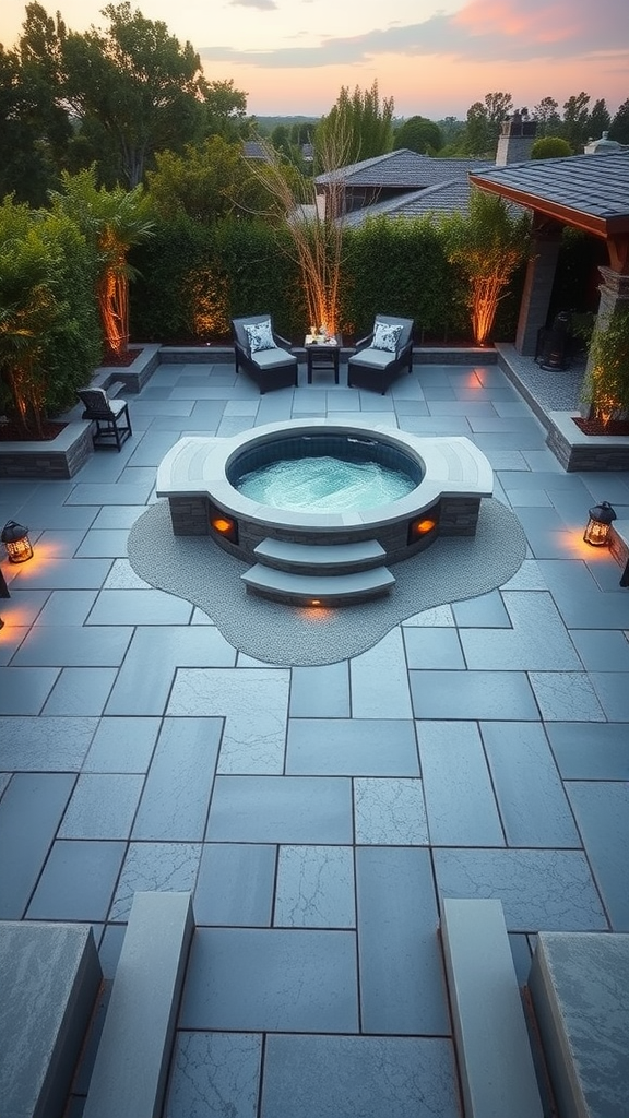 A modern paver patio featuring a hot tub, surrounded by cozy chairs and lush greenery under evening lighting.