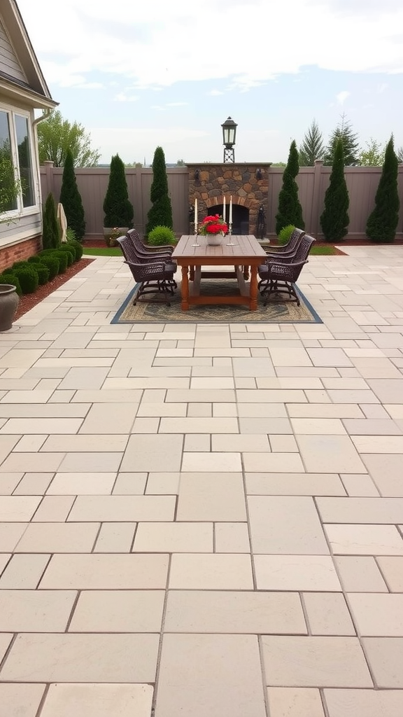 Outdoor dining area with a paver patio, surrounded by landscaping and a stone fireplace.