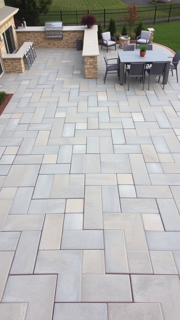 A well-designed paver patio featuring an outdoor kitchen and dining area.