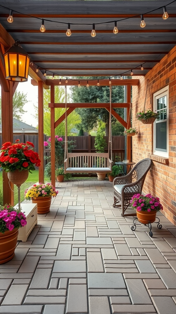 Paver patio featuring a pergola with a swing, surrounded by colorful flower planters