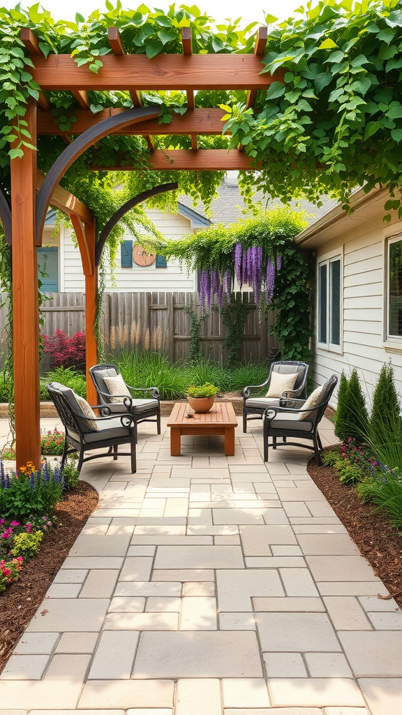 Paver patio with a wooden pergola covered in vines, surrounded by colorful flowers and plants.