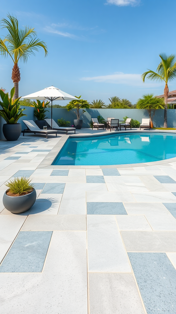 A modern poolside deck with a paver patio, sun loungers, and palm trees.