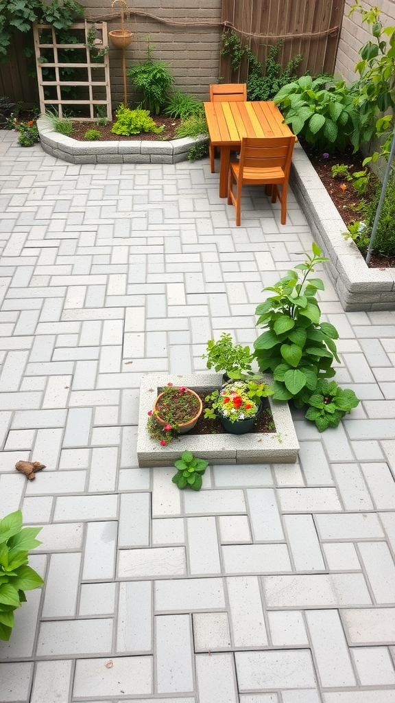 A paver patio with raised garden beds and a wooden dining table surrounded by greenery.