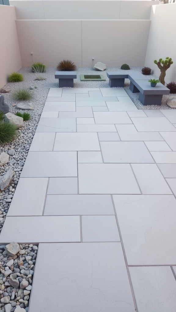 A modern paver patio surrounded by a rock garden with various plants and decorative stones.