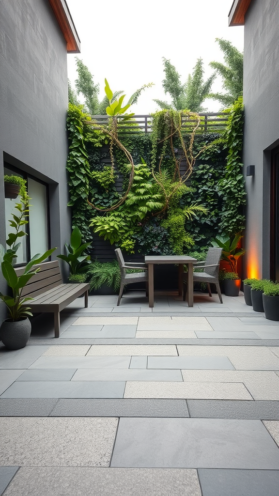 Stylish paver patio with a vertical garden, featuring gray stones, a wooden bench, and a table surrounded by lush greenery.