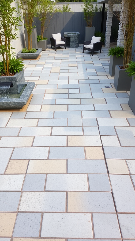 A modern paver patio featuring a stone fountain, planters, and seating area.