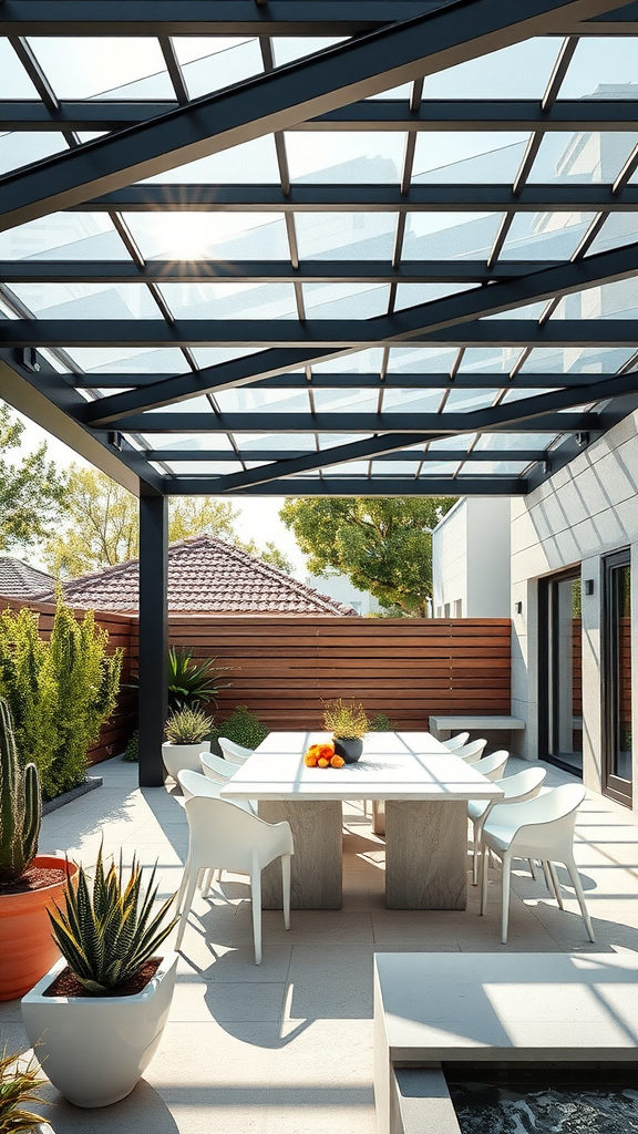 A modern patio featuring a pergola with glass roof panels, a dining table, and potted plants.