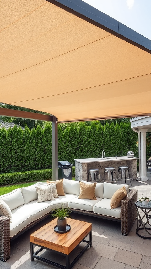 A stylish patio with a retractable canopy over a comfortable seating area and a nearby outdoor kitchen.