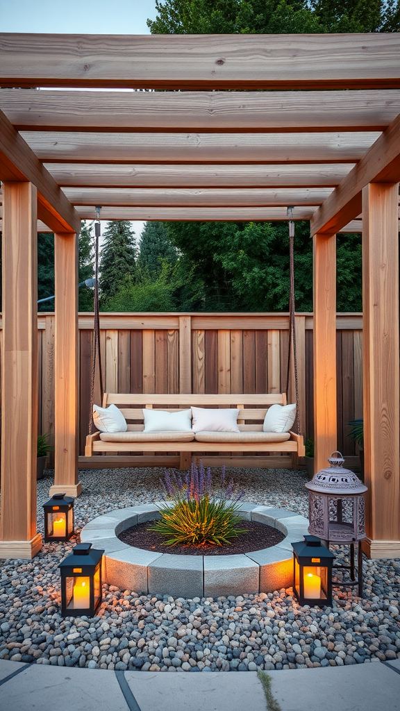 A wooden pergola with swing seats and lanterns, surrounded by stones and plants.