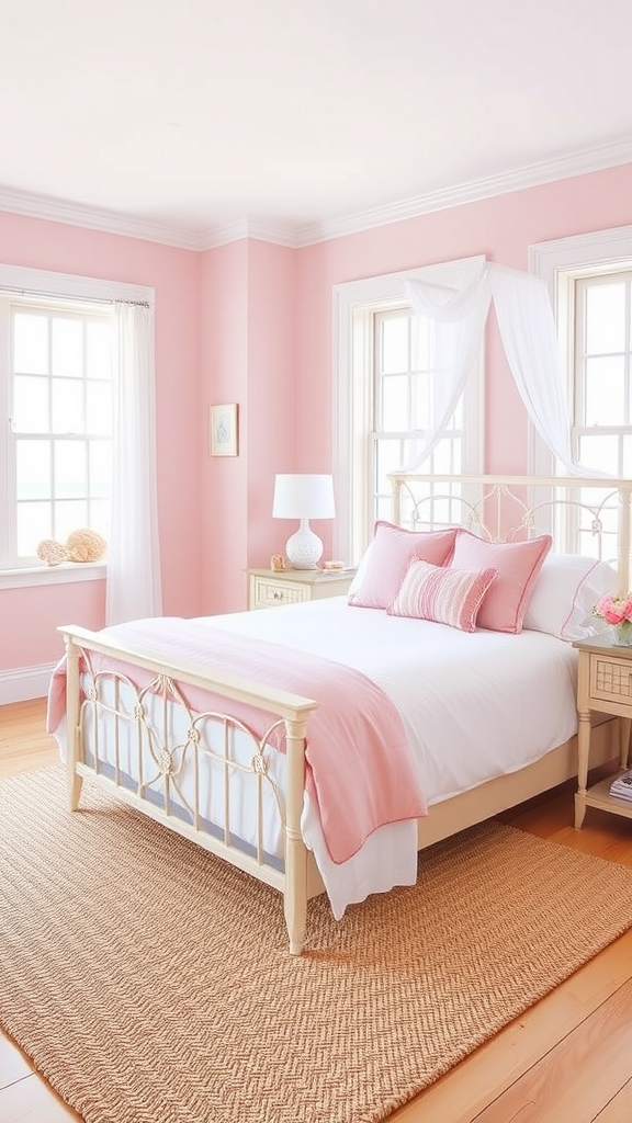 A bright pink and white coastal bedroom featuring a bed with pink accents, large windows, and a jute rug.