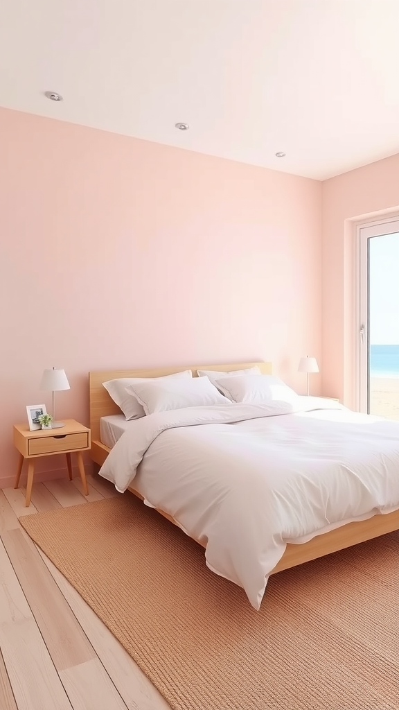 A minimalist bedroom with soft pink walls and a wooden bed, featuring a view of the beach