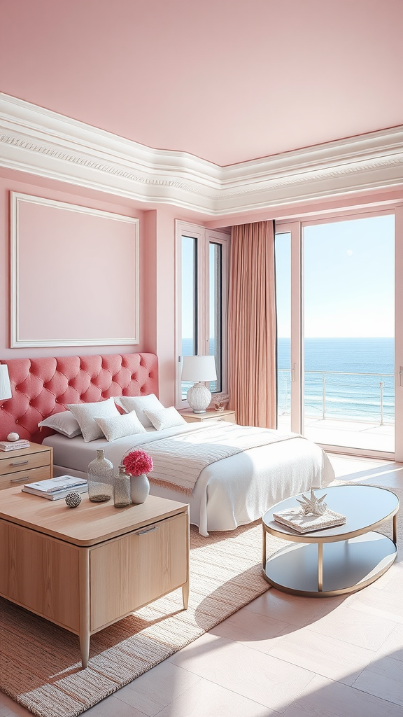 Bright pink coastal bedroom with ocean views, featuring a tufted headboard and light furnishings.