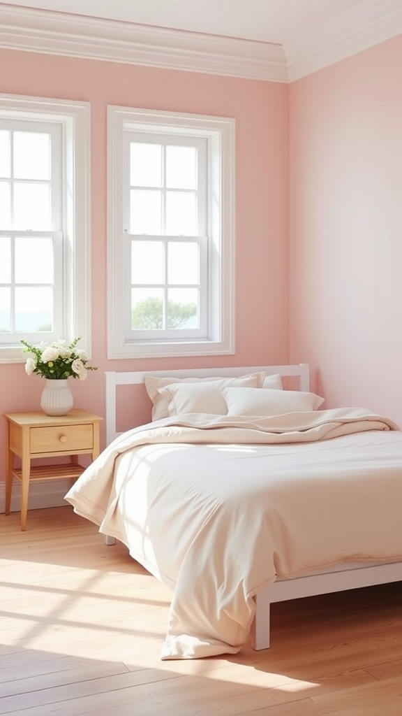 A serene pink coastal bedroom with a bed and two windows letting in natural light.