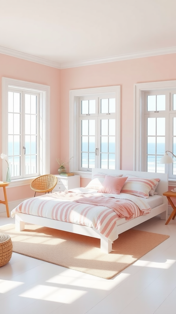 A bright and airy bedroom with pink walls, large windows, and coastal decor, featuring a striped bedspread and wicker furniture.