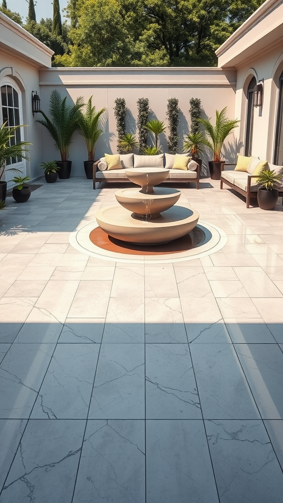 Polished concrete patio featuring a water fountain, surrounded by seating and plants.