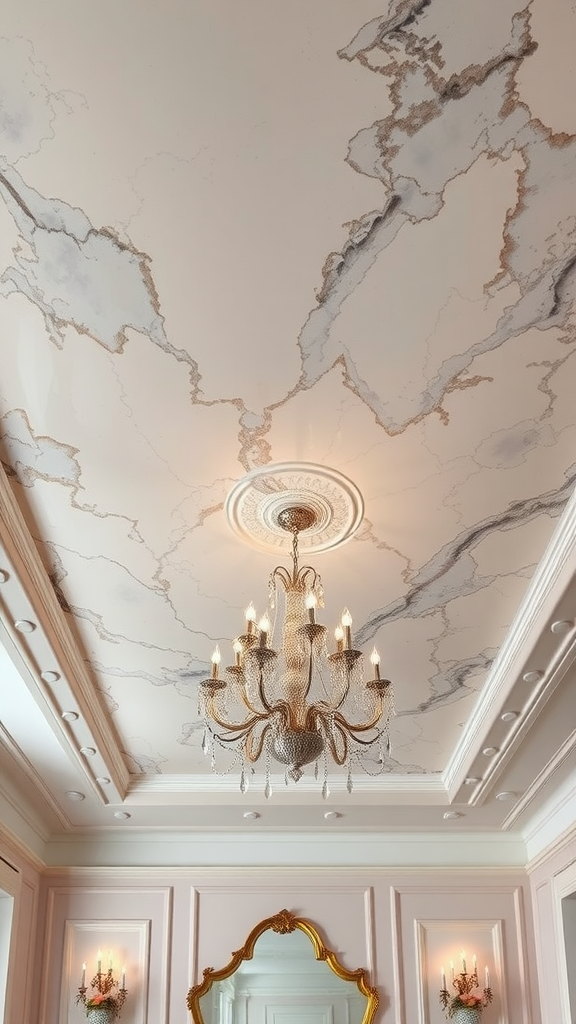 A beautifully designed bedroom ceiling featuring polished marble and elegant chandeliers.