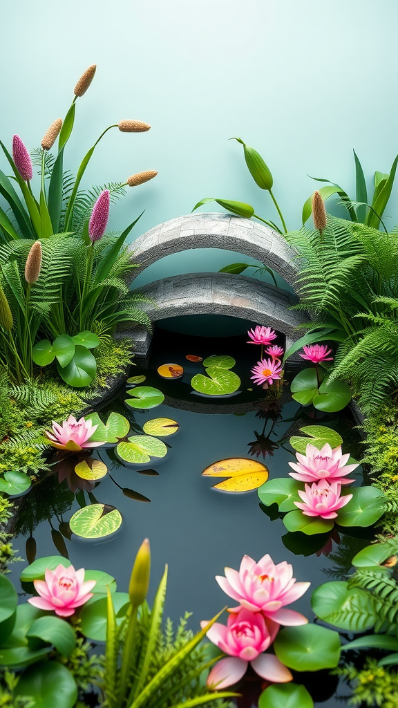 A tranquil garden featuring a small pond with pink water lilies, surrounded by lush green foliage and a stone bridge.