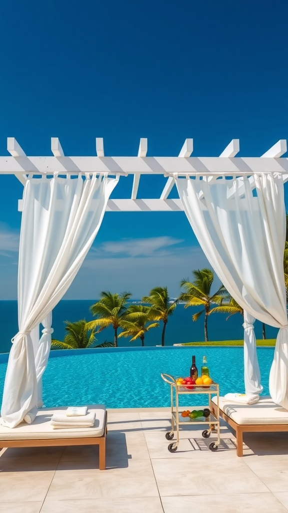 A poolside pergola with white curtains, a lounging area, and a cart with drinks and fruits.