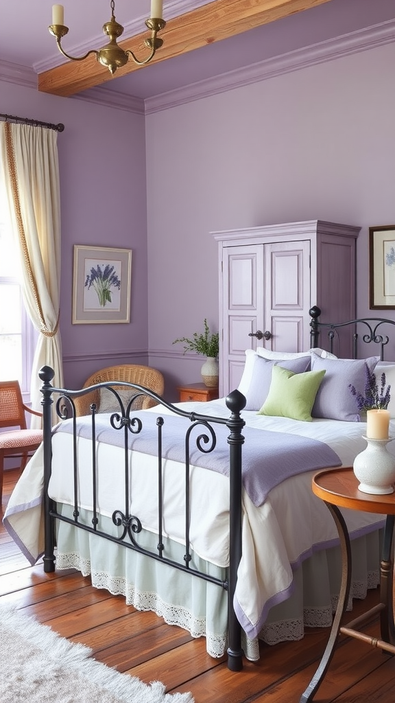 A cozy bedroom featuring lavender walls, a wrought iron bed, and vintage wooden furniture.