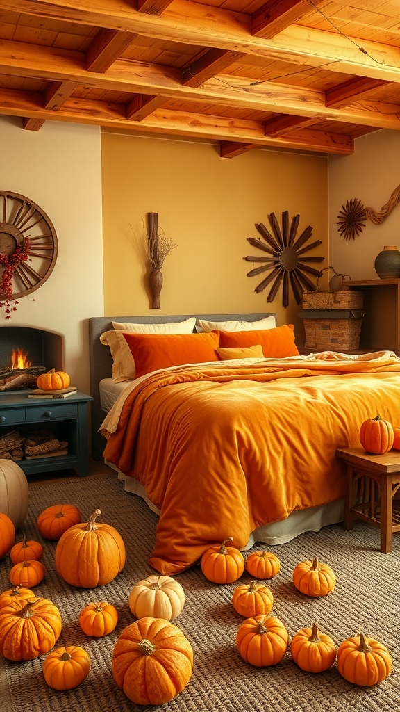 A cozy fall bedroom decorated with various pumpkins and warm, inviting colors.