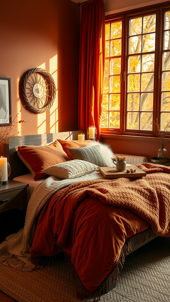 Cozy fall bedroom with orange hues, warm lighting, and inviting decor.