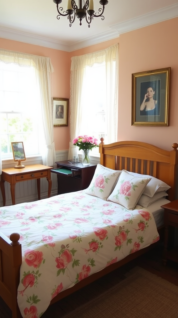 A quaint English bed and breakfast bedroom featuring a wooden bed frame, floral bedding, and warm peach walls.