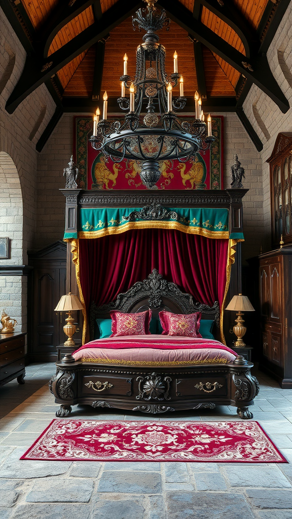 A luxurious medieval castle bedroom featuring a four-poster bed, rich red and gold fabrics, a chandelier, and stone walls.