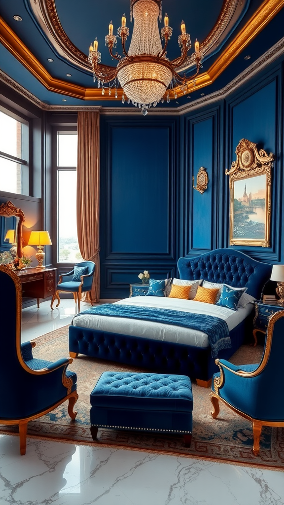 A luxurious blue master bedroom featuring ornate furniture, a chandelier, and elegant decor.