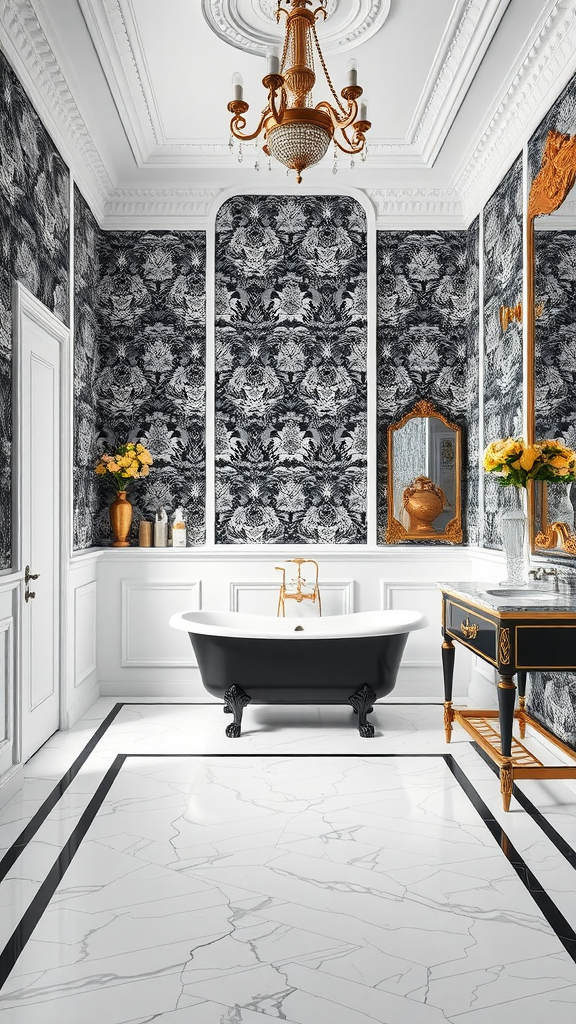 A luxurious black and white Victorian bathroom featuring a freestanding bathtub, ornate wallpaper, and elegant decor.