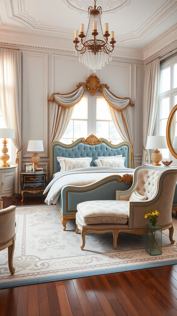 A luxurious regency-era inspired bedroom featuring a blue upholstered bed, ornate furniture, and elegant decor.