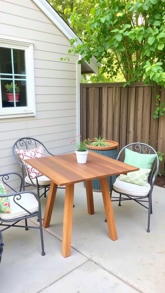 A patio with a table made from an old door and two chairs, surrounded by greenery.