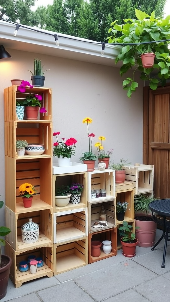 A creative arrangement of wooden crates showcasing plants and decorative items on a back patio.