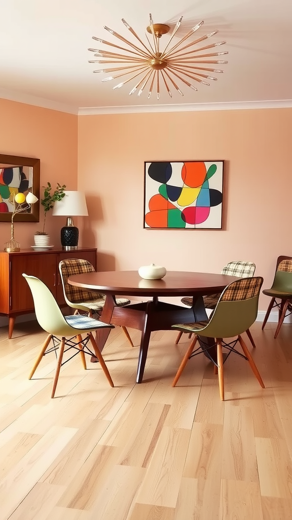 A retro-inspired mid-century modern dining room featuring a round wooden table, colorful chairs, a starburst chandelier, and abstract wall art.