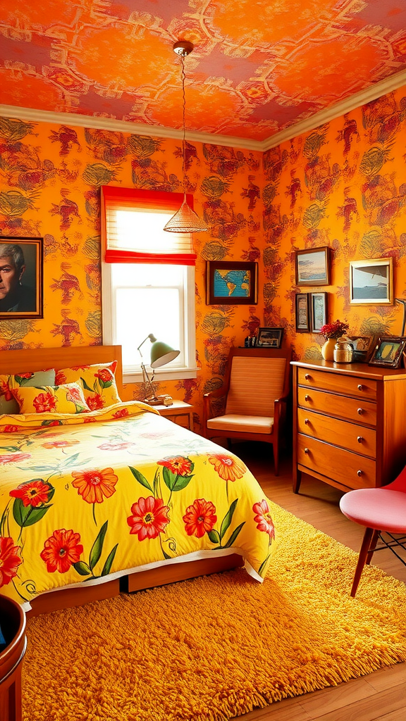 Vibrant retro 70s bedroom with bold floral patterns and colorful decor